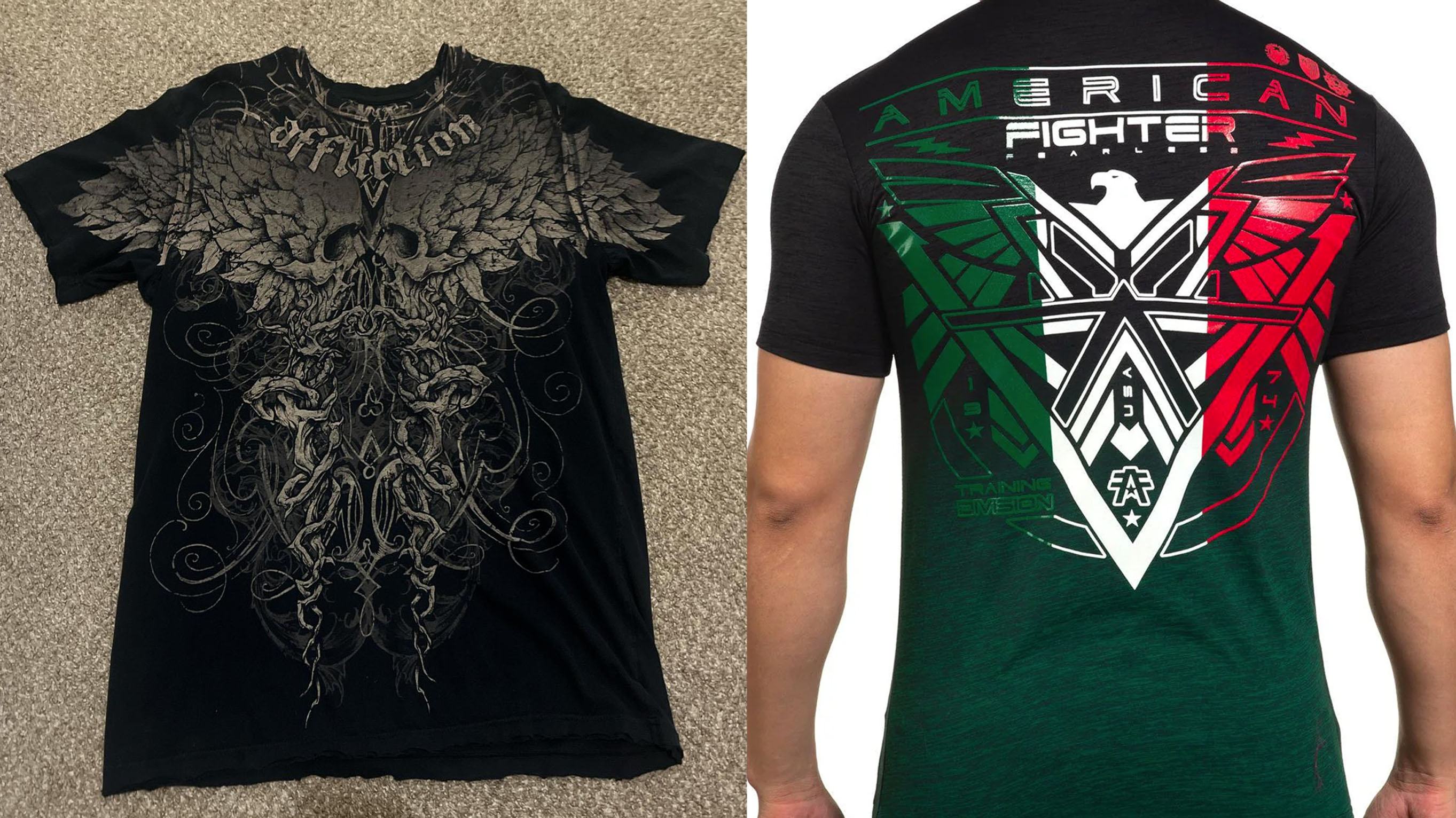 An Affliction T-shirt compared to an American Fighter T-shirt